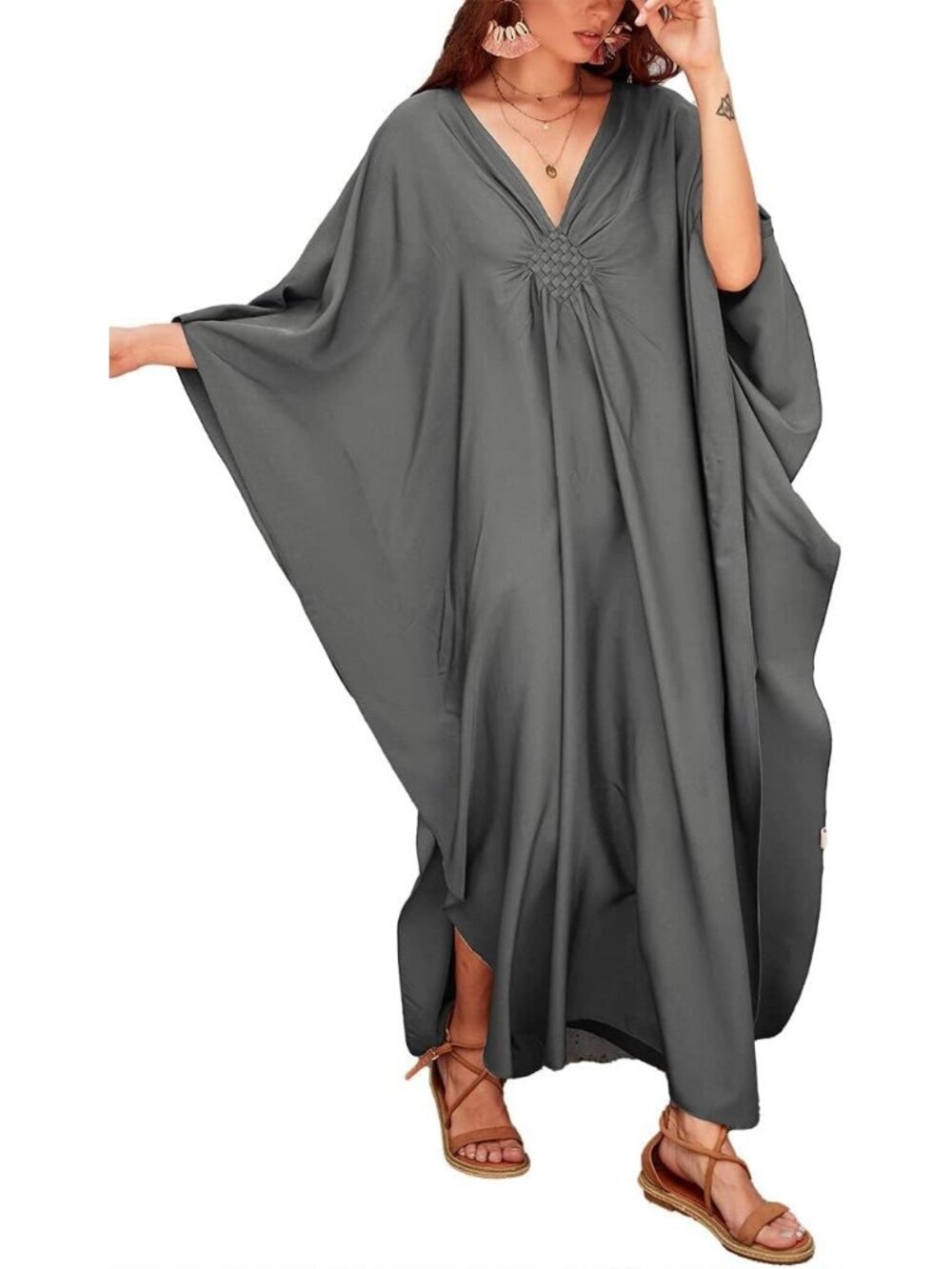 Women's Plus Size Grey Kaftan Maxi Dress V Neck Batwing Swimsuit Cover Up